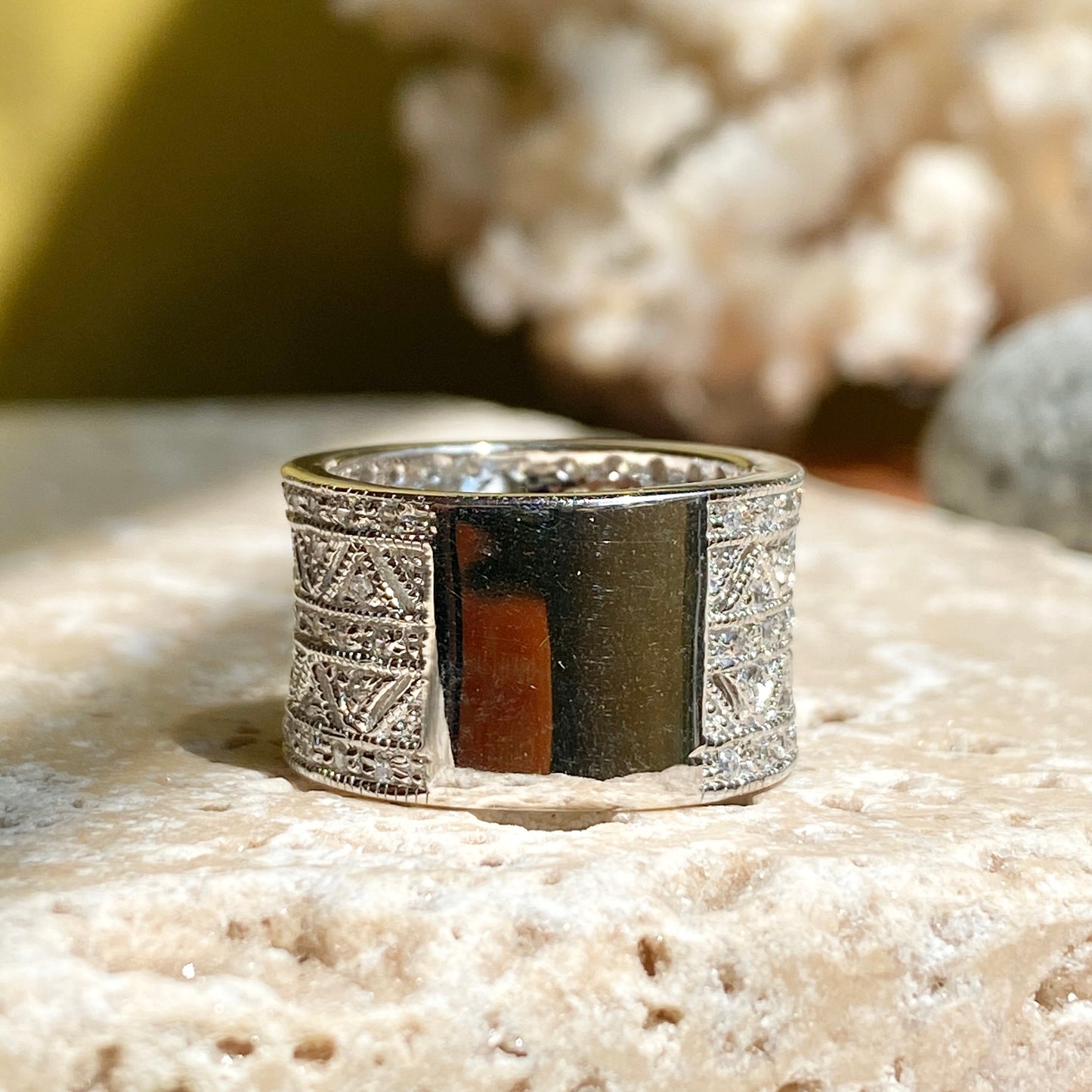 Sterling Silver Micro-Pave CZ Vintage-Inspired Cigar Band Ring, Sterling Silver Micro-Pave CZ Vintage-Inspired Cigar Band Ring - Legacy Saint Jewelry