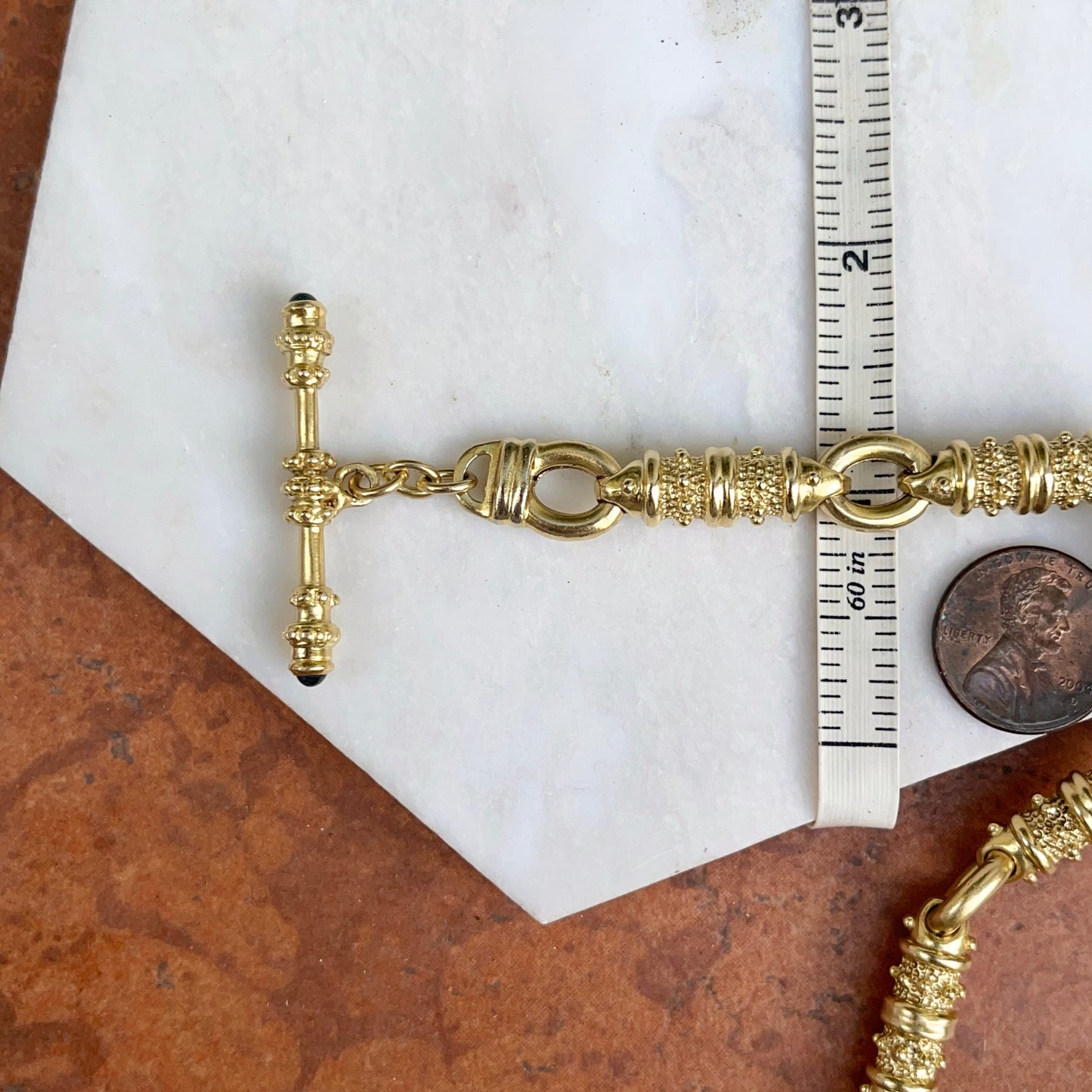 Estate 18KT Yellow Gold Rolo Etruscan Links Blue Sapphire Toggle Bracelet