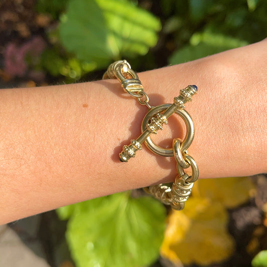 Estate 18KT Yellow Gold Rolo Etruscan Links Blue Sapphire Toggle Bracelet