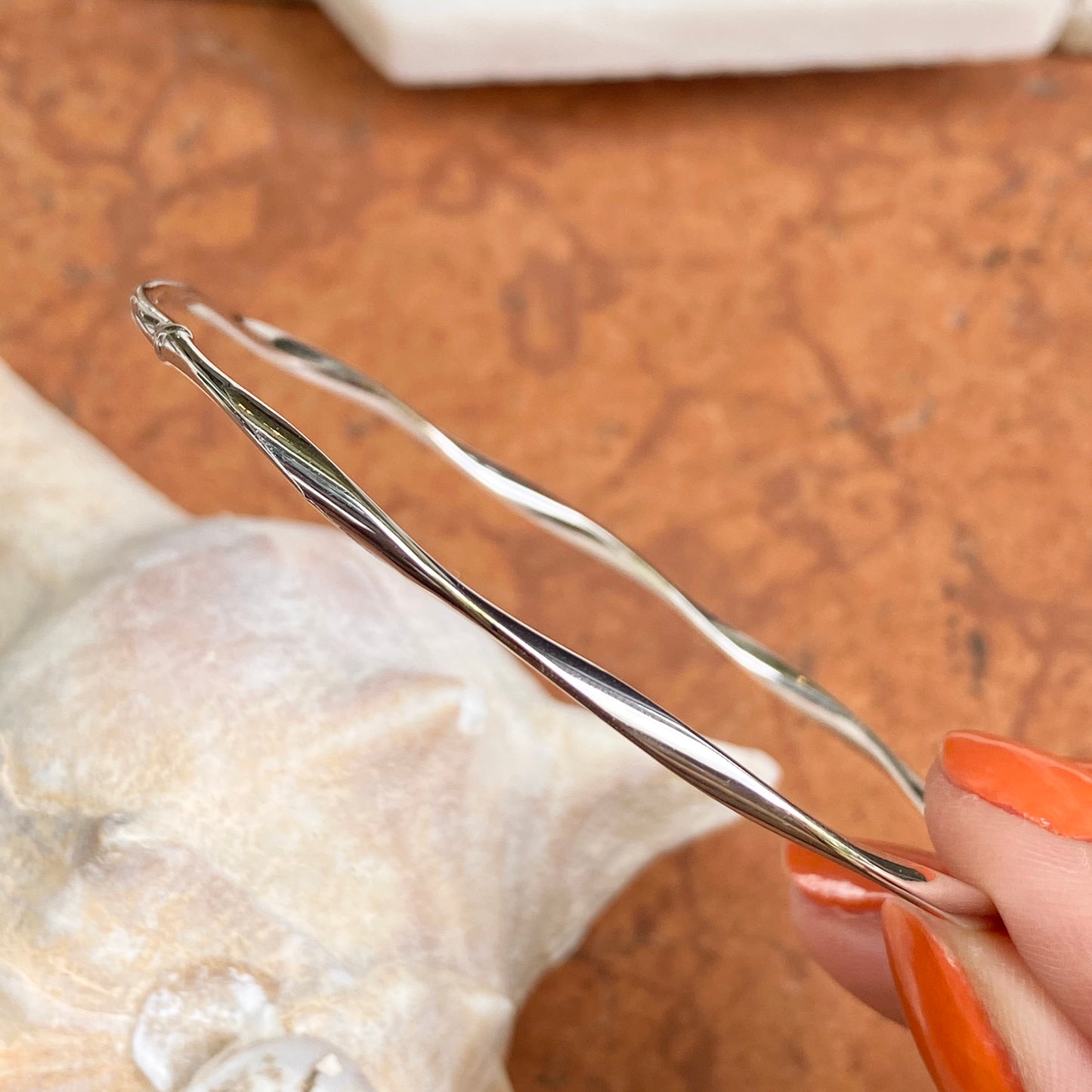 10KT White Gold Twisted Wave Slip-On Bangle Bracelet 2.5mm