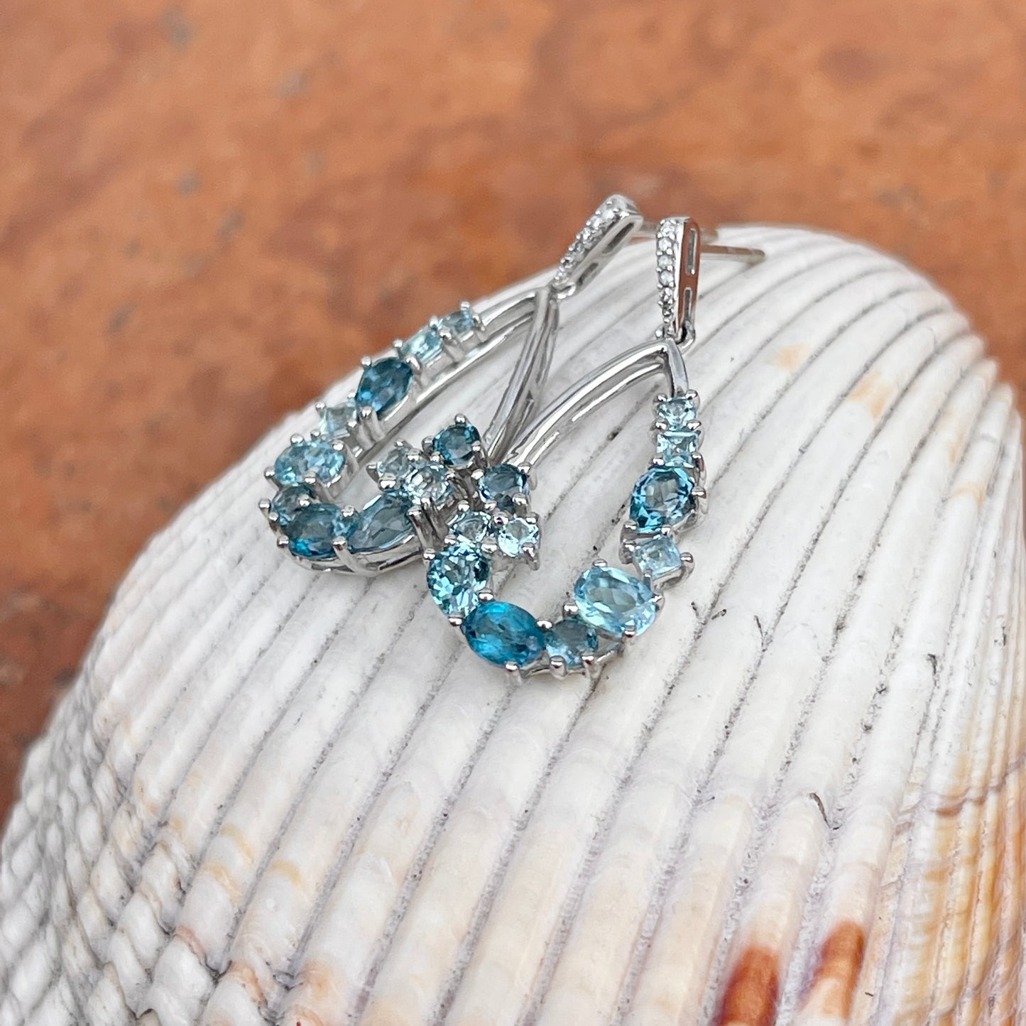 Estate 14KT White Gold Variegated Blue Topaz + Diamond Teardrop Earrings