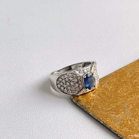 Estate 14KT White Gold Oval Blue Sapphire + Pave Diamond Cathedral Ring