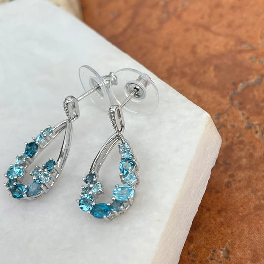 Estate 14KT White Gold Variegated Blue Topaz + Diamond Teardrop Earrings