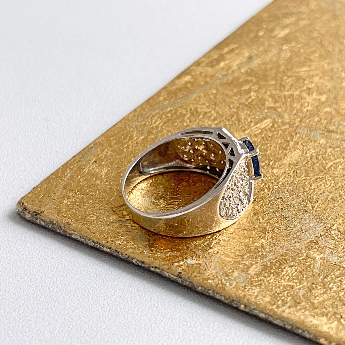 Estate 14KT White Gold Oval Blue Sapphire + Pave Diamond Cathedral Ring