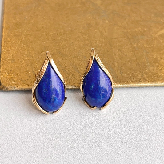 Estate 14KT Yellow Gold Teardrop Detailed Blue Lapis Earrings