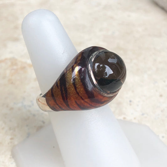 Sterling Silver Tiger Enamel + Smokey Quartz Dome Ring Size 7, Sterling Silver Tiger Enamel + Smokey Quartz Dome Ring Size 7 - Legacy Saint Jewelry