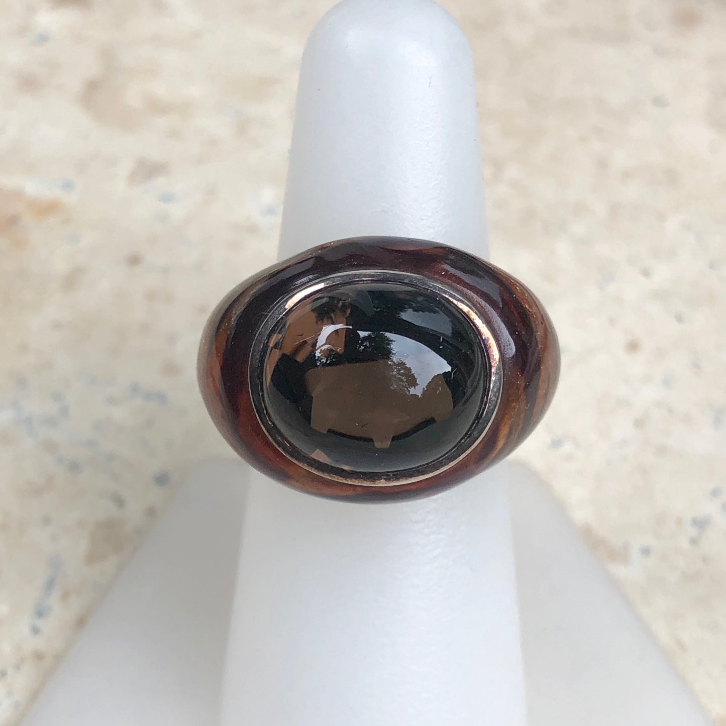 Sterling Silver Tiger Enamel + Smokey Quartz Dome Ring Size 7, Sterling Silver Tiger Enamel + Smokey Quartz Dome Ring Size 7 - Legacy Saint Jewelry