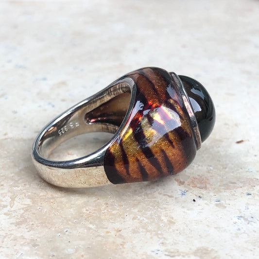 Sterling Silver Tiger Enamel + Smokey Quartz Dome Ring Size 7, Sterling Silver Tiger Enamel + Smokey Quartz Dome Ring Size 7 - Legacy Saint Jewelry
