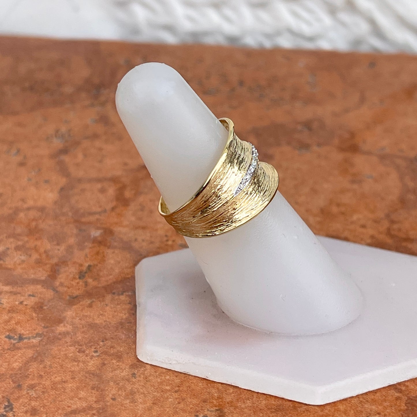 14KT Yellow Gold Textured Pave Diamond Cigar Band Ring