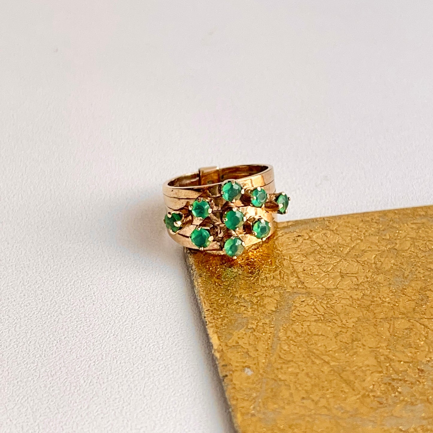 Estate 14KT Yellow Gold 9 Emerald Multi-Band Ring