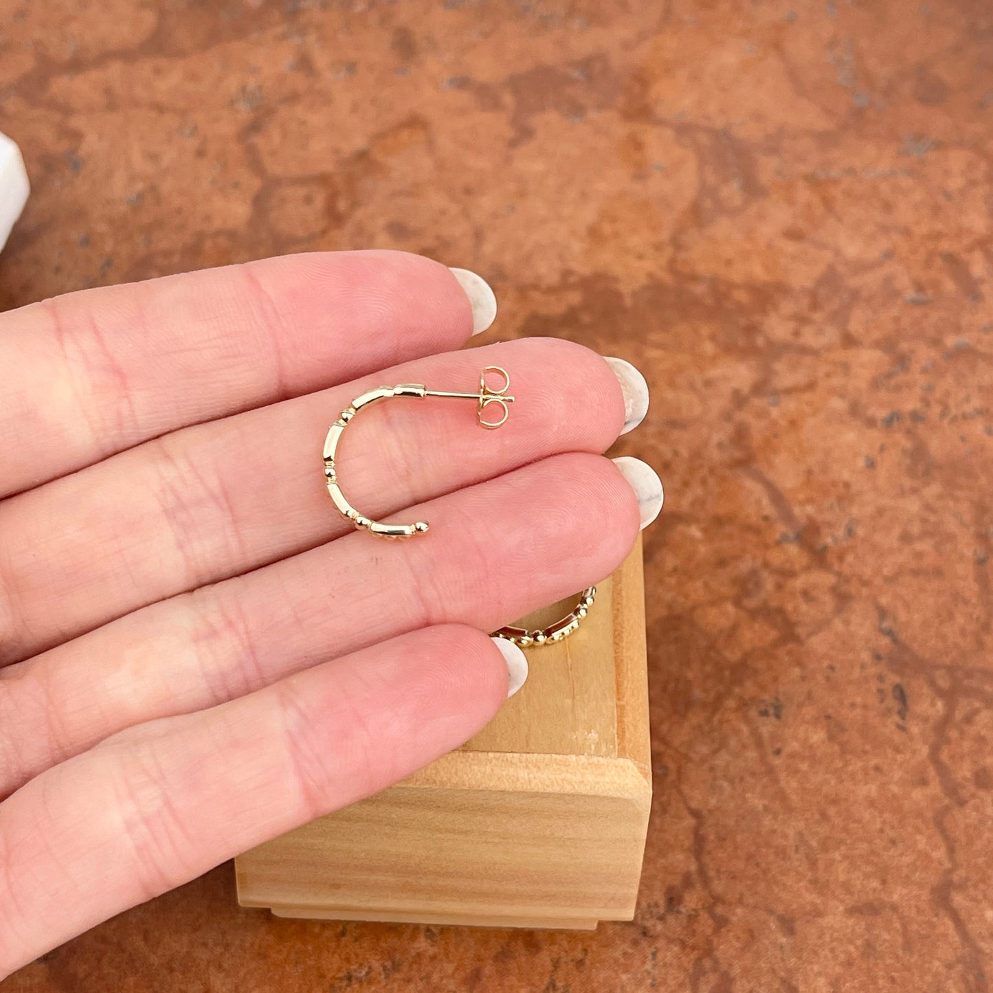 14KT Yellow Gold Beaded C-Shape Small Hoop Earrings