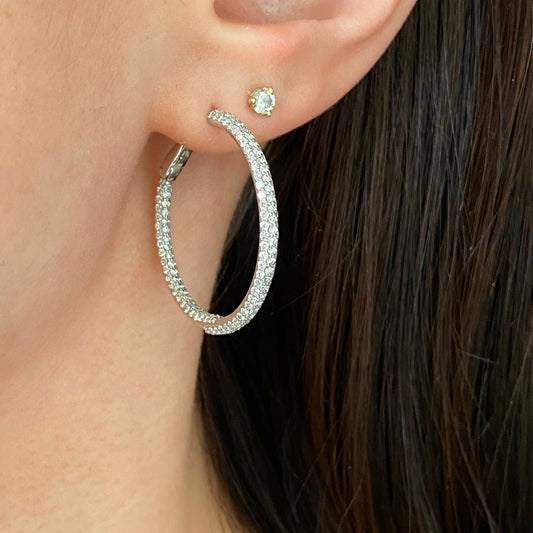 14KT White Gold 2 CT Pave Diamond Inside Outside Hoop Earrings 29mm