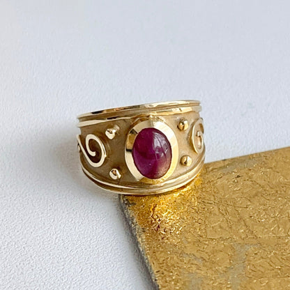 Estate 14KT Yellow Gold Byzantine Oval Ruby Cigar Band Ring