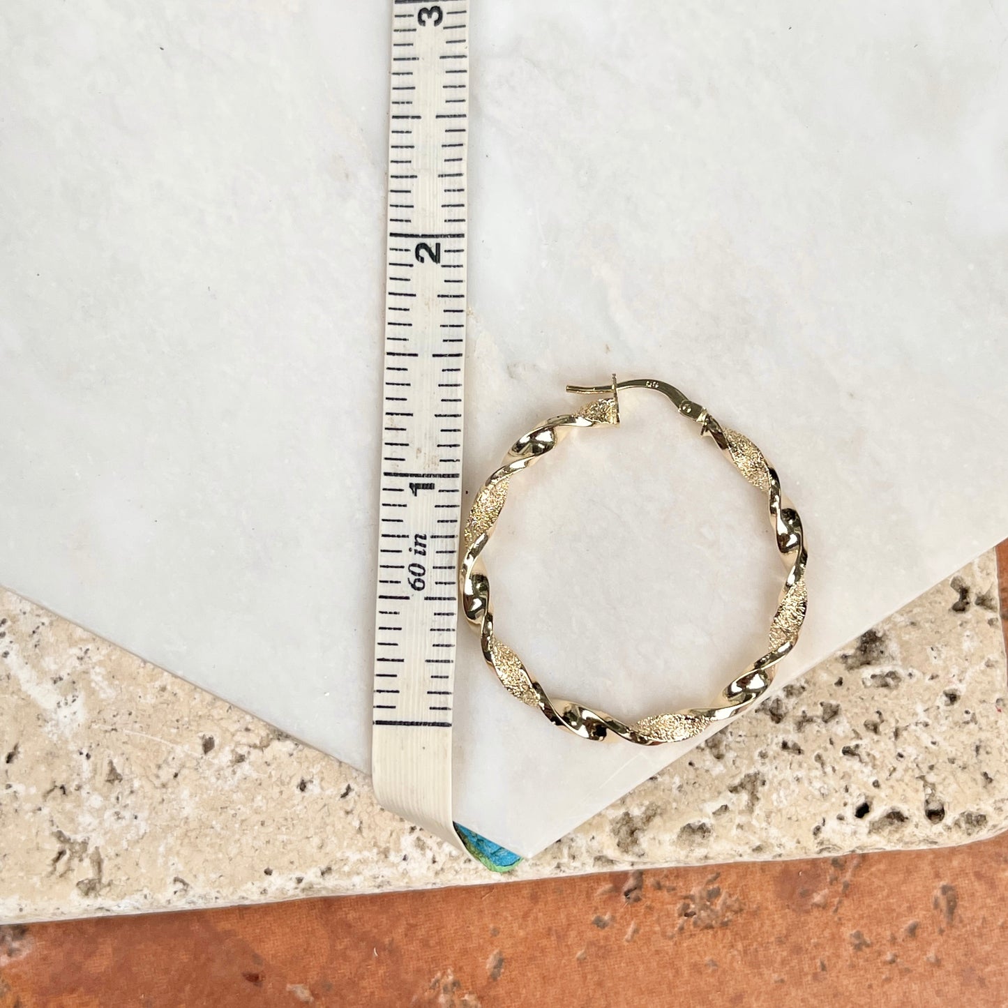 14KT Yellow Gold Shiny + Textured Twist Hoop Earrings 37mm