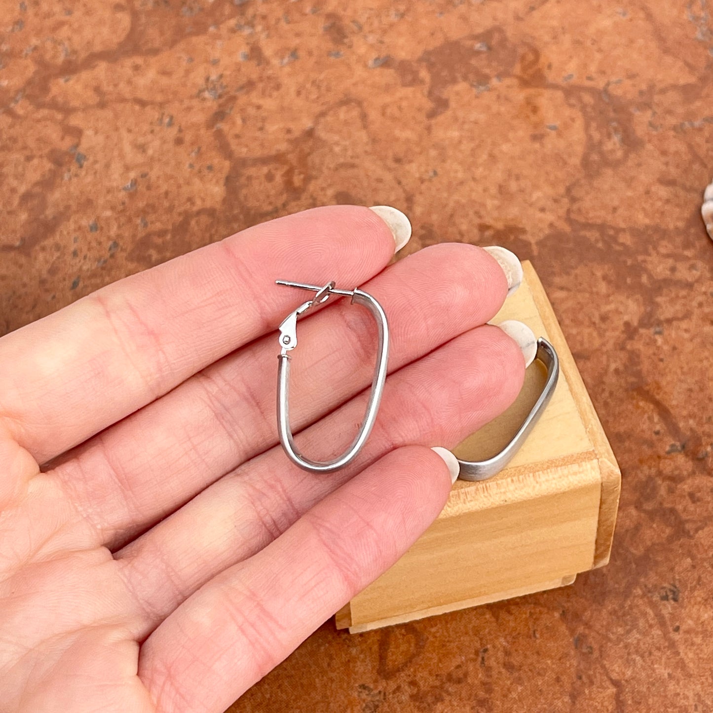 14KT White Gold Matte Oval Hoop Earrings 28mm