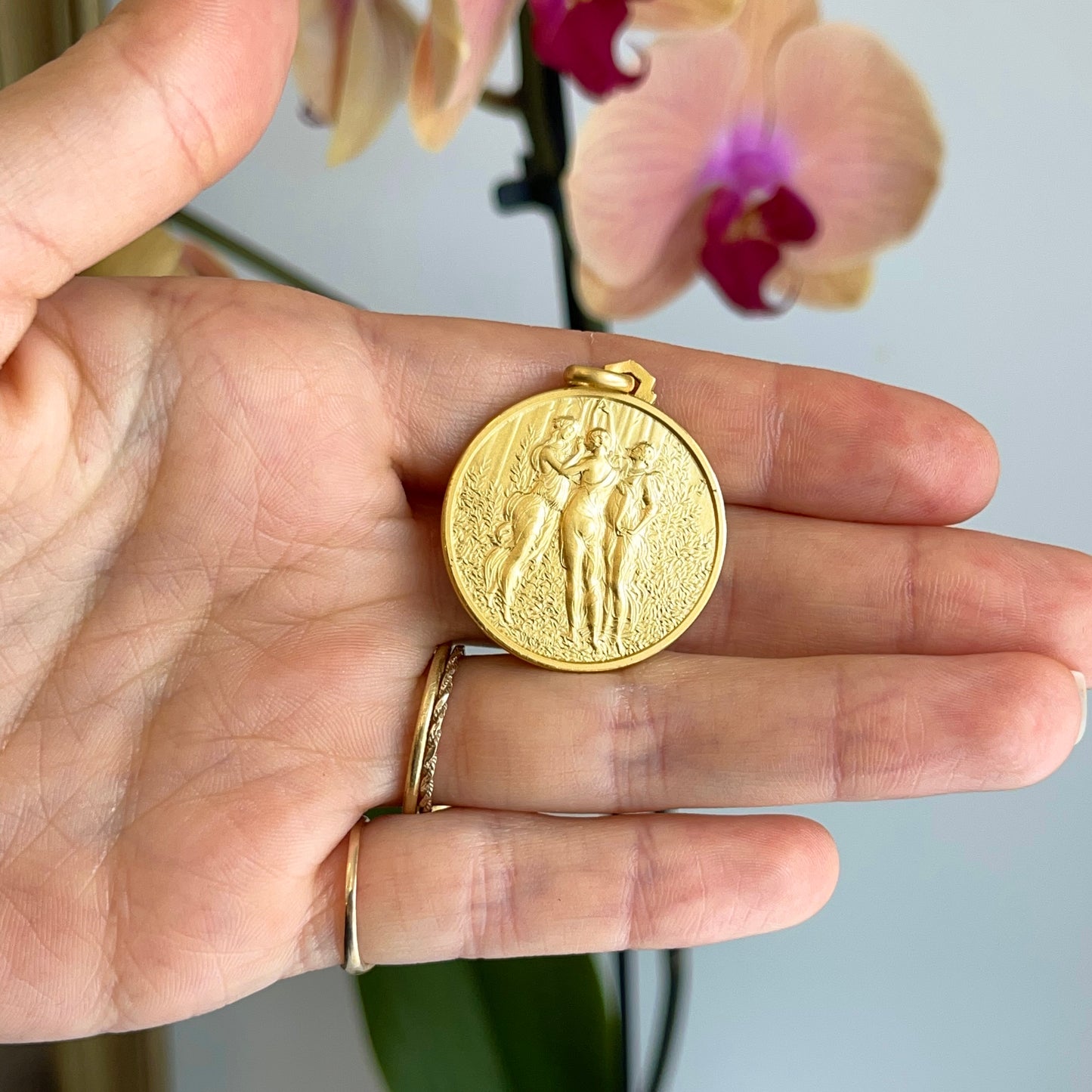 14KT Yellow Gold The Three Graces Matte Gold Medal Pendant 30mm - LSJ