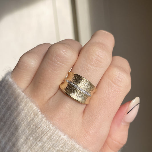 14KT Yellow Gold Textured Pave Diamond Cigar Band Ring