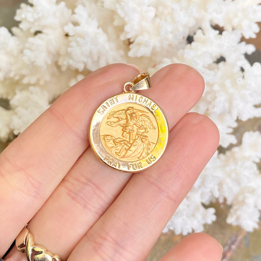 14KT Yellow Gold Saint Michael Round Hollow Medal Pendant