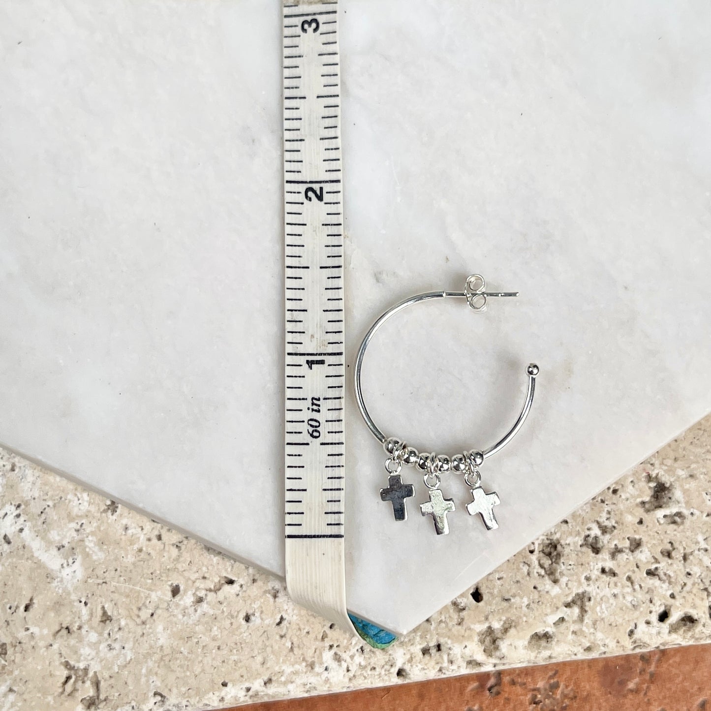 Sterling Silver Cross + Bead Charm Hoop Post Earrings