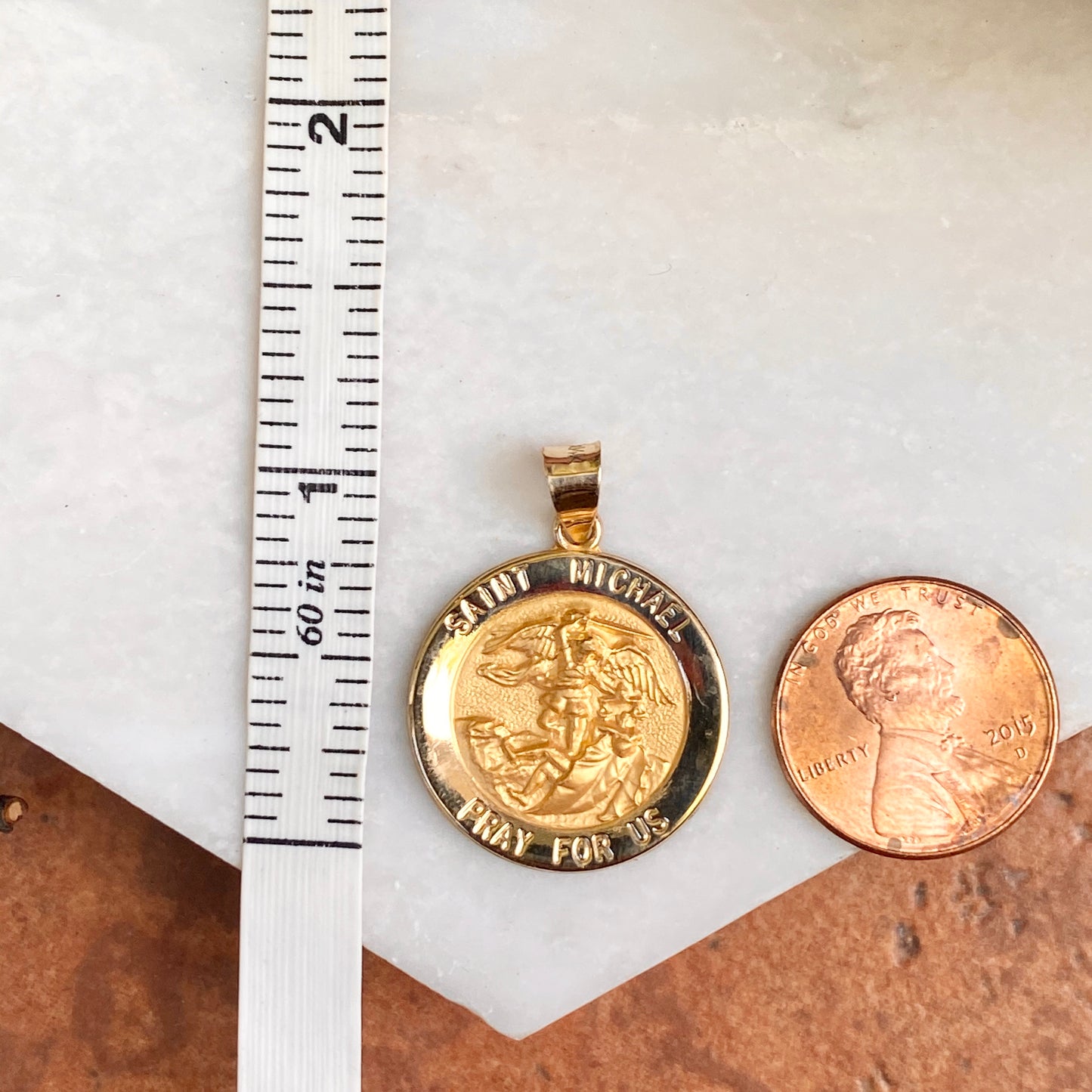 14KT Yellow Gold Saint Michael Round Hollow Medal Pendant