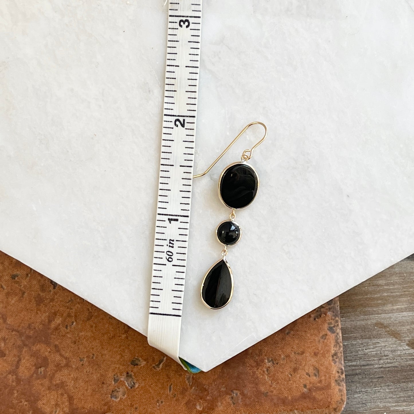 14KT Yellow Gold Black Onyx Geometric Dangle Wire Earrings - LSJ