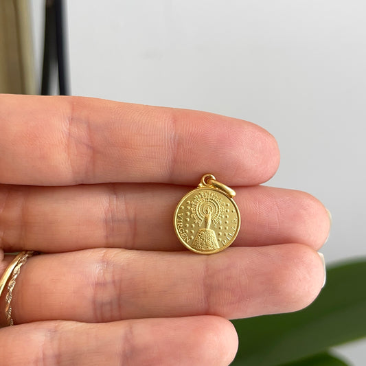 18KT Yellow Gold Matte Our Lady of Pillar Medal Pendant 14mm
