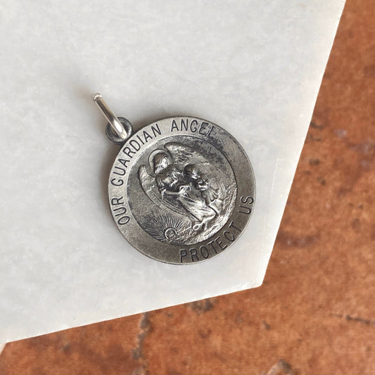 Sterling Silver Antiqued "Our Guardian Angel Protect Us" Round Medal Pendant 25mm, Sterling Silver Antiqued "Our Guardian Angel Protect Us" Round Medal Pendant 25mm - Legacy Saint Jewelry