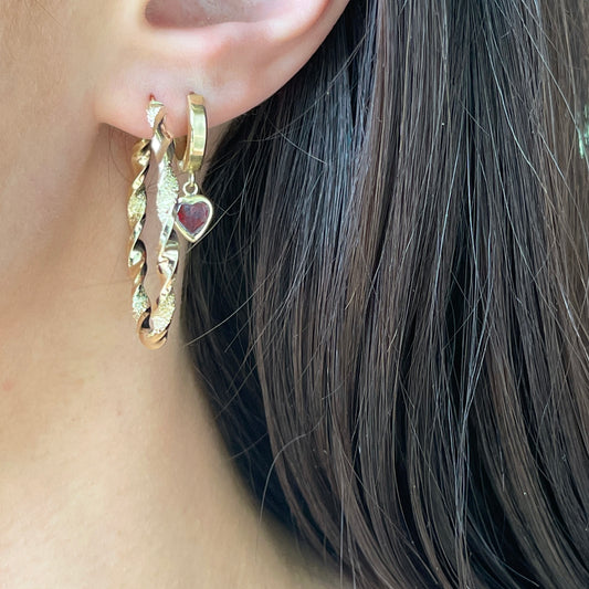 14KT Yellow Gold Shiny + Textured Twist Hoop Earrings 37mm