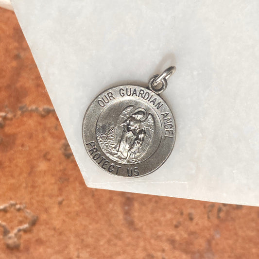 Sterling Silver Antiqued "Our Guardian Angel Protect Us" Round Medal Pendant 20mm, Sterling Silver Antiqued "Our Guardian Angel Protect Us" Round Medal Pendant 20mm - Legacy Saint Jewelry