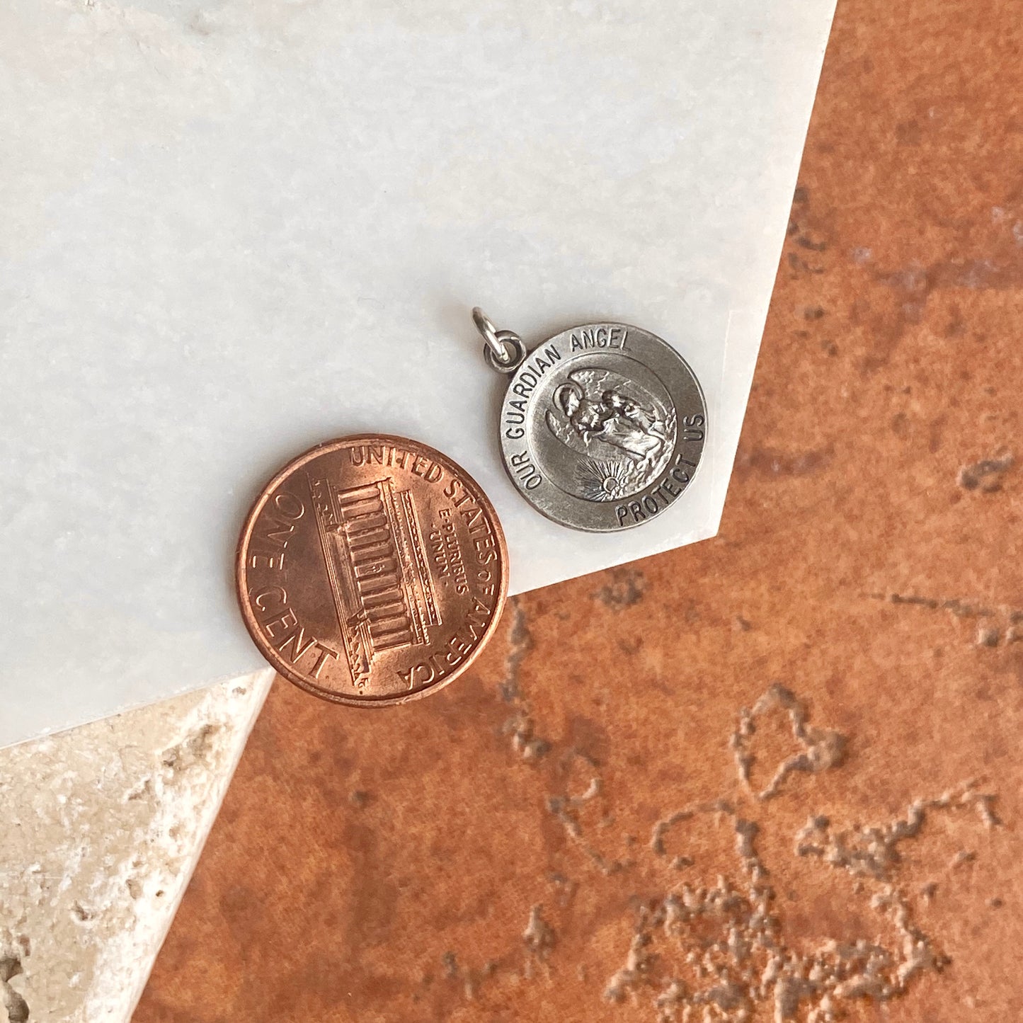 Sterling Silver Antiqued "Our Guardian Angel Protect Us" Round Medal Pendant 20mm, Sterling Silver Antiqued "Our Guardian Angel Protect Us" Round Medal Pendant 20mm - Legacy Saint Jewelry