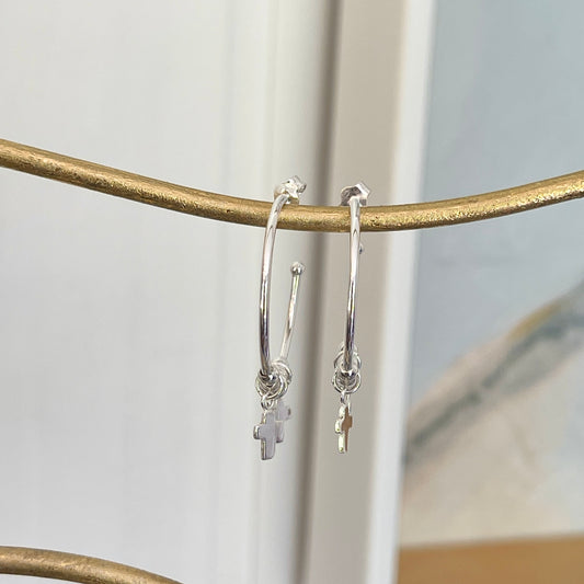 Sterling Silver Cross + Bead Charm Hoop Post Earrings