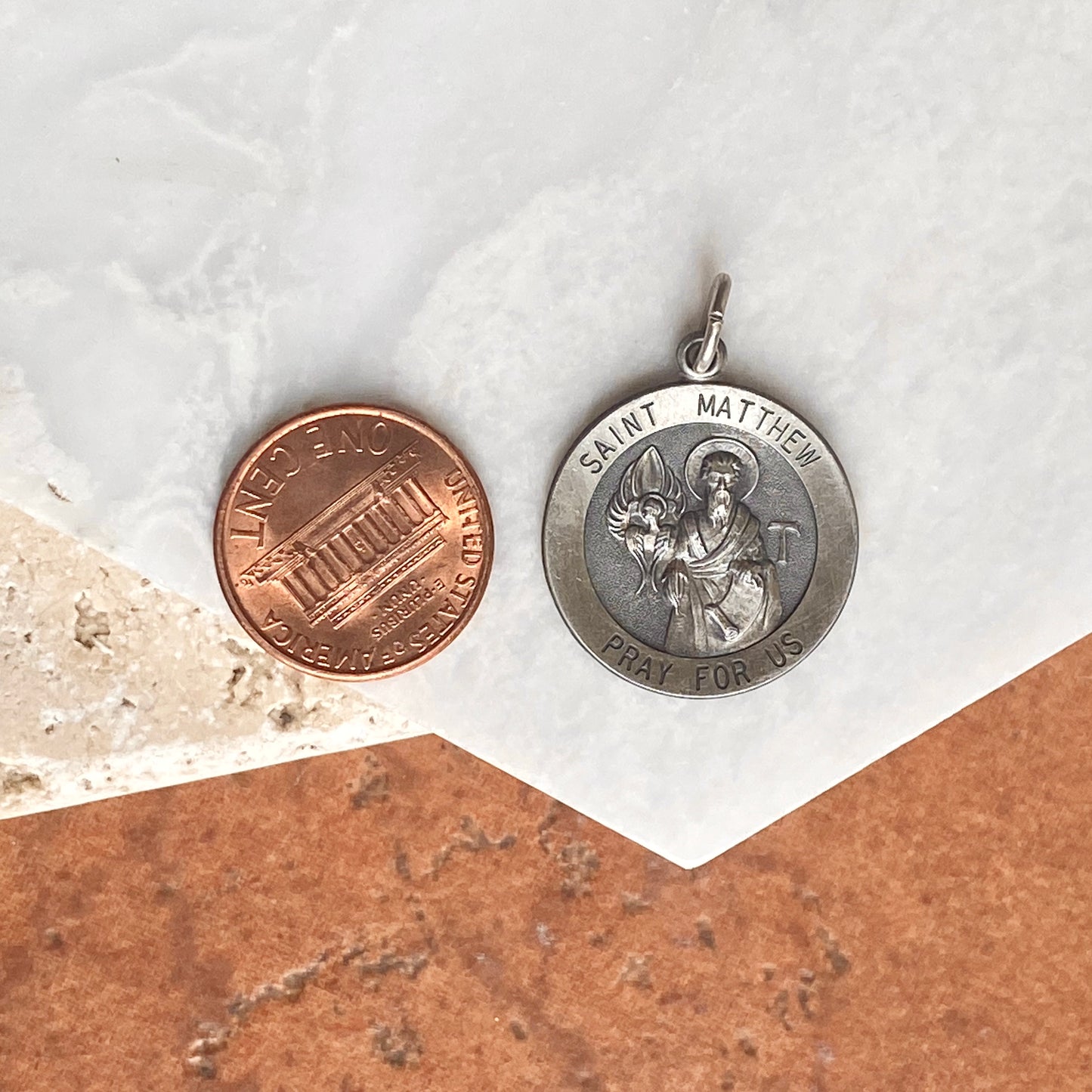 Sterling Silver Antiqued Saint Matthew Round Medal Pendant 31mm, Sterling Silver Antiqued Saint Matthew Round Medal Pendant 31mm - Legacy Saint Jewelry