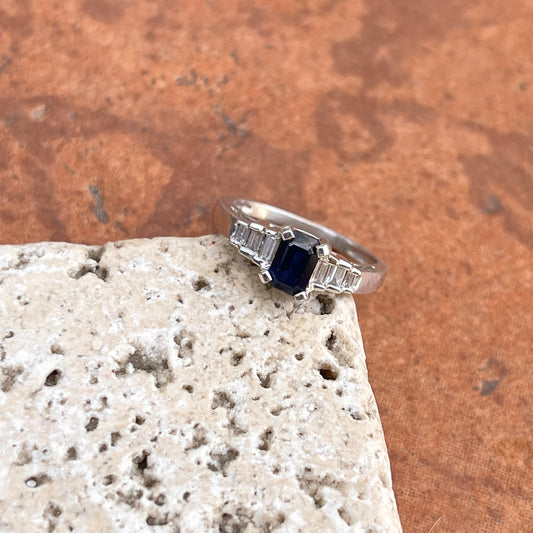 Estate Platinum Emerald-Cut Blue Sapphire + Baguette Diamond Ring