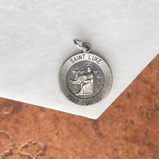 Sterling Silver Antiqued Saint Luke Small Round Medal Pendant Charm, Sterling Silver Antiqued Saint Luke Small Round Medal Pendant Charm - Legacy Saint Jewelry