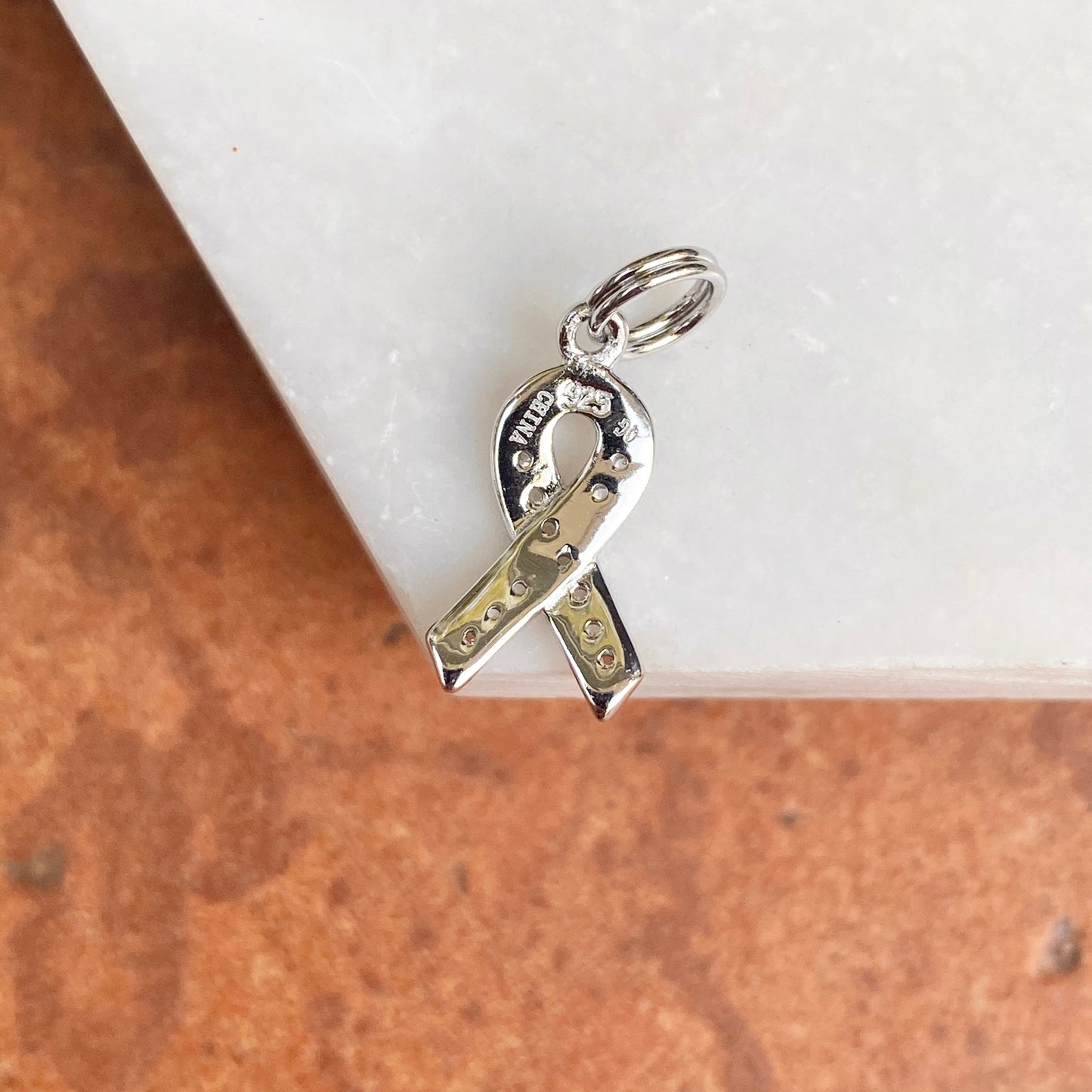 Sterling Silver CZ Breast Cancer Awareness Ribbon Pendant Charm