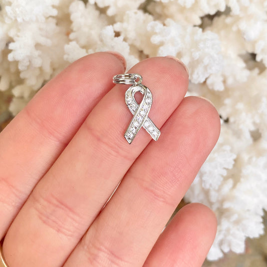 Sterling Silver CZ Breast Cancer Awareness Ribbon Pendant Charm