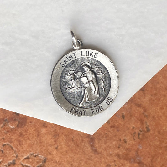 Sterling Silver Antiqued Saint Luke Large Round Medal Pendant Charm, Sterling Silver Antiqued Saint Luke Large Round Medal Pendant Charm - Legacy Saint Jewelry