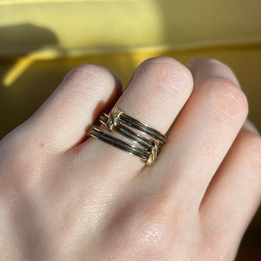 Estate 18KT Yellow Gold Black Elephant Hair Triple Strand Ring - LSJ
