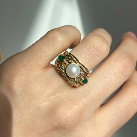 Estate 14KT Yellow Gold Byzantine Pearl, Emerald, + Diamond Ring