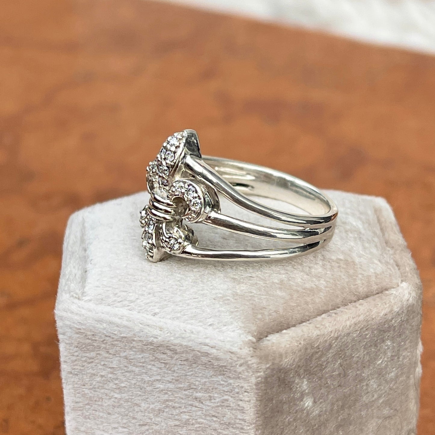 Sterling Silver Pave Diamond Fleur de Lis Open Band Ring