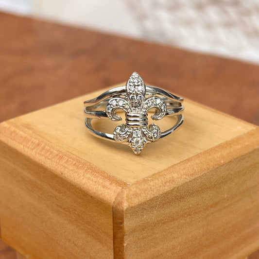 Sterling Silver Pave Diamond Fleur de Lis Open Band Ring