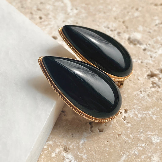 Estate 10KT Yellow Gold Teardrop Black Onyx Omega Back Earrings, Estate 10KT Yellow Gold Teardrop Black Onyx Omega Back Earrings - Legacy Saint Jewelry