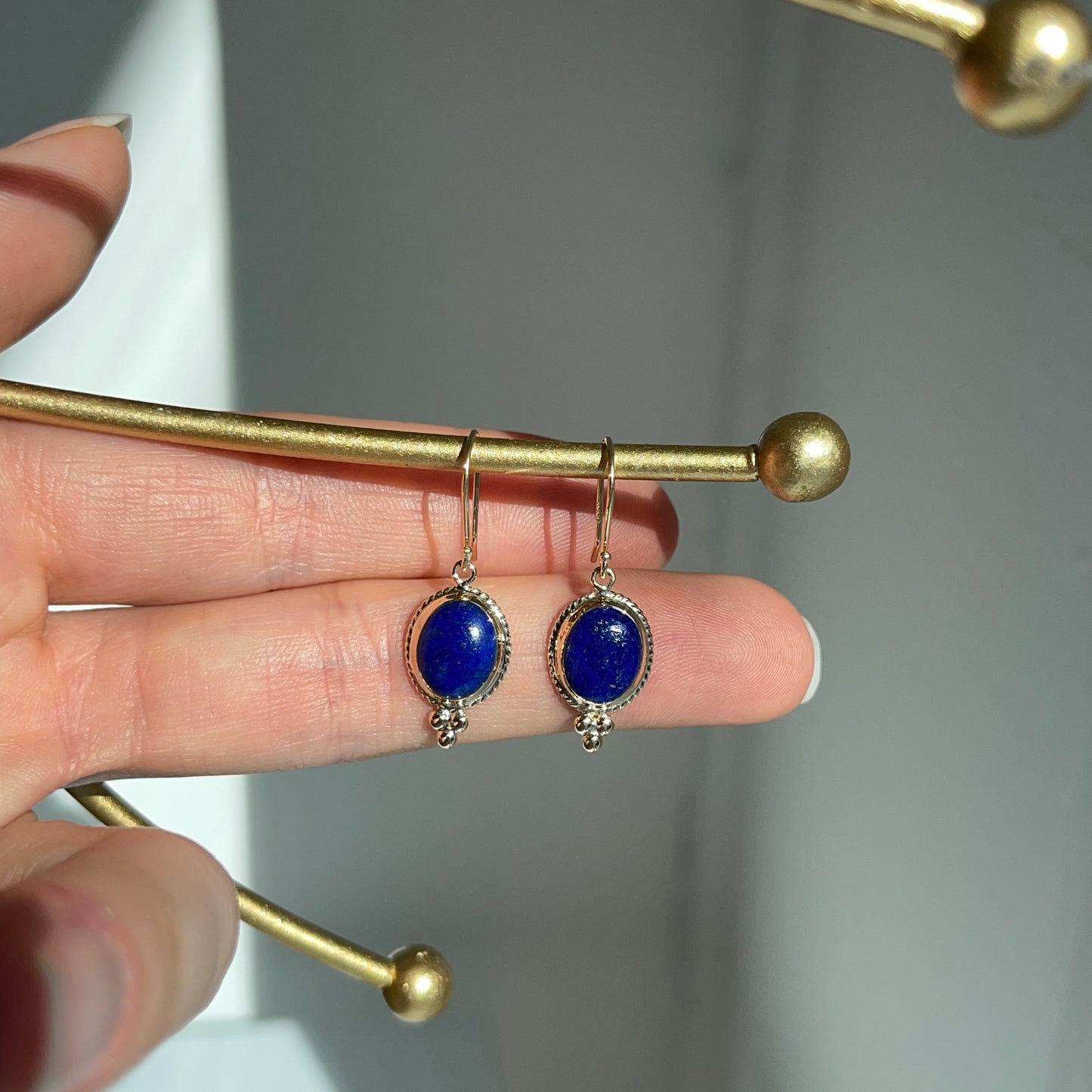 14KT Yellow God Oval Blue Lapis Shepard Hook Earrings