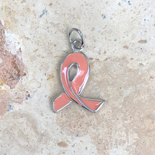 Sterling Silver Pink Enamel Breast Cancer Awareness Ribbon Pendant Charm, Sterling Silver Pink Enamel Breast Cancer Awareness Ribbon Pendant Charm - Legacy Saint Jewelry