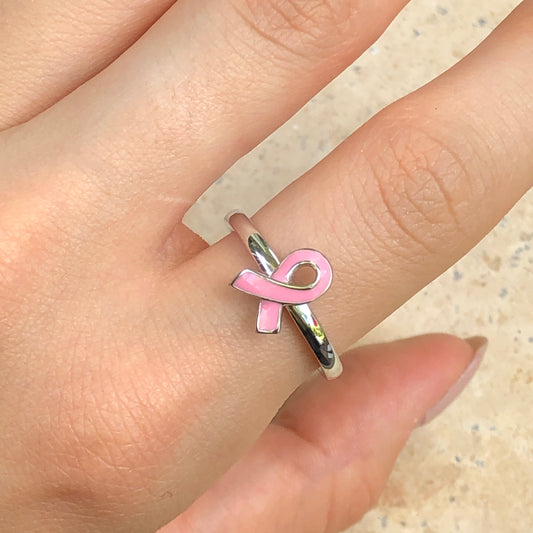 Sterling Silver Pink Enamel Breast Cancer Awareness Ribbon Ring Size 8, Sterling Silver Pink Enamel Breast Cancer Awareness Ribbon Ring Size 8 - Legacy Saint Jewelry