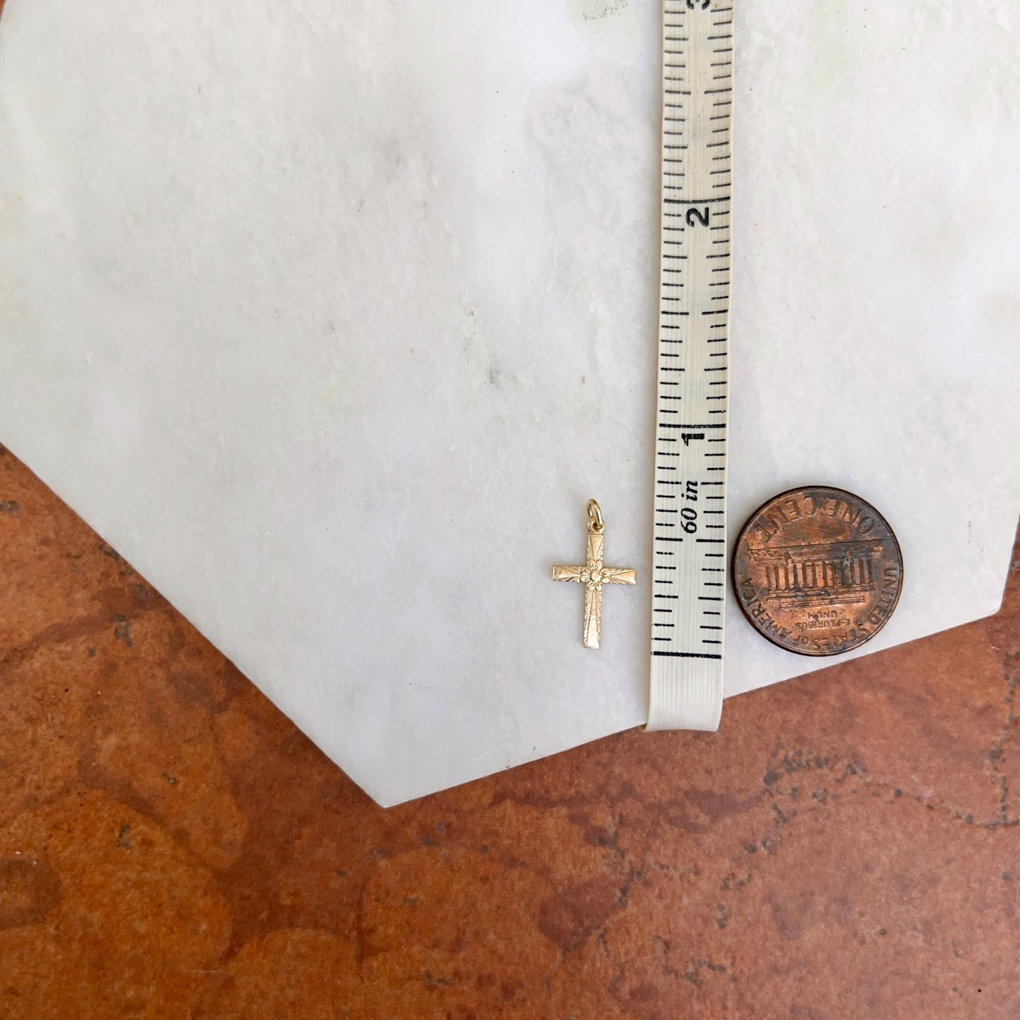 14KT Yellow Gold Floral Design Mini Cross Pendant Charm