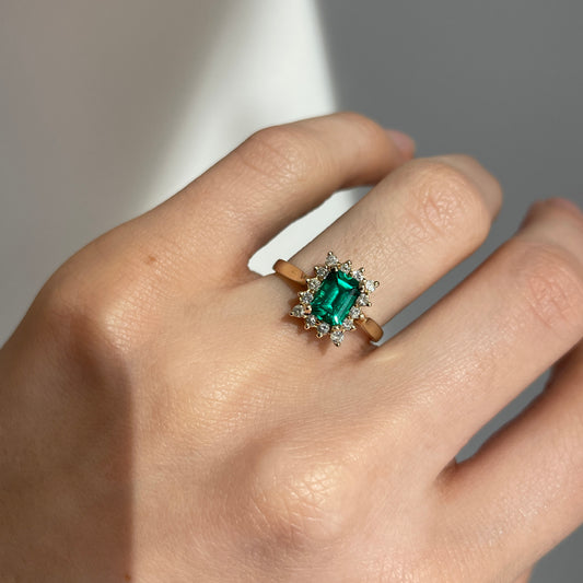 Estate 14KT Yellow Gold Emerald-Cut Lab Emerald + Diamond Halo Ring