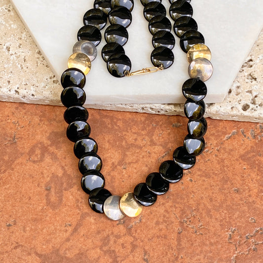 Estate 14KT Yellow Gold + Sterling Silver Onyx Disc Necklace 24"