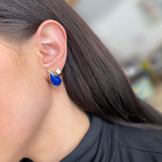 Estate 14KT Yellow Gold Teardrop Detailed Blue Lapis Earrings