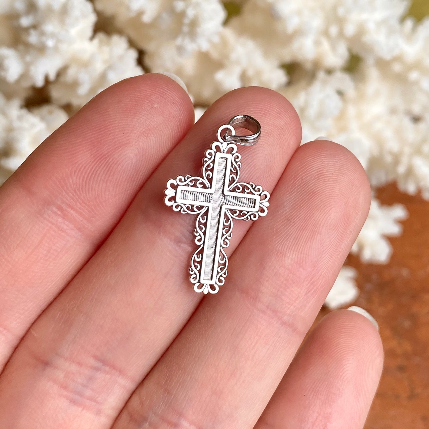 10KT White Gold Textured Lace Trim Cross Pendant, 10KT White Gold Textured Lace Trim Cross Pendant - Legacy Saint Jewelry